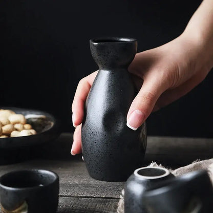 Black and gold brushstroke ceramic sake liquor dispenser set dining room