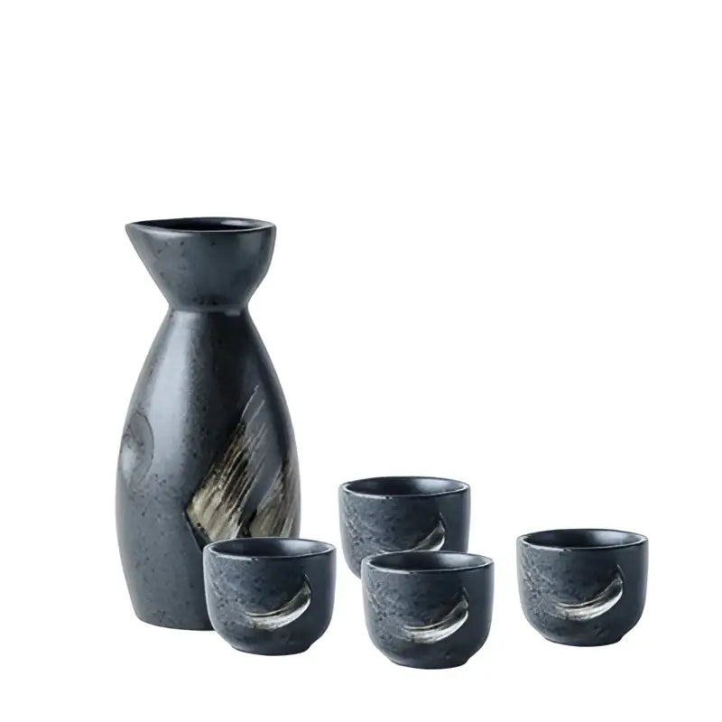 Black and gold brushstroke ceramic sake liquor dispenser set dining room