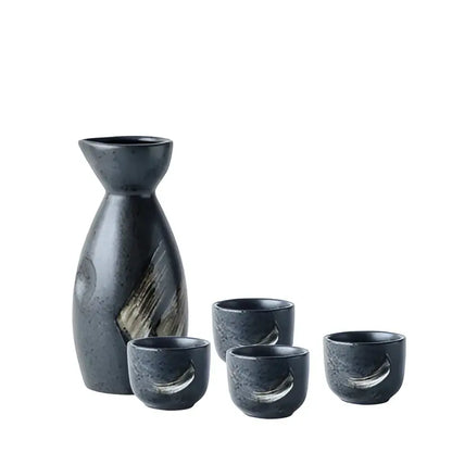 Black and gold brushstroke ceramic sake liquor dispenser set dining room