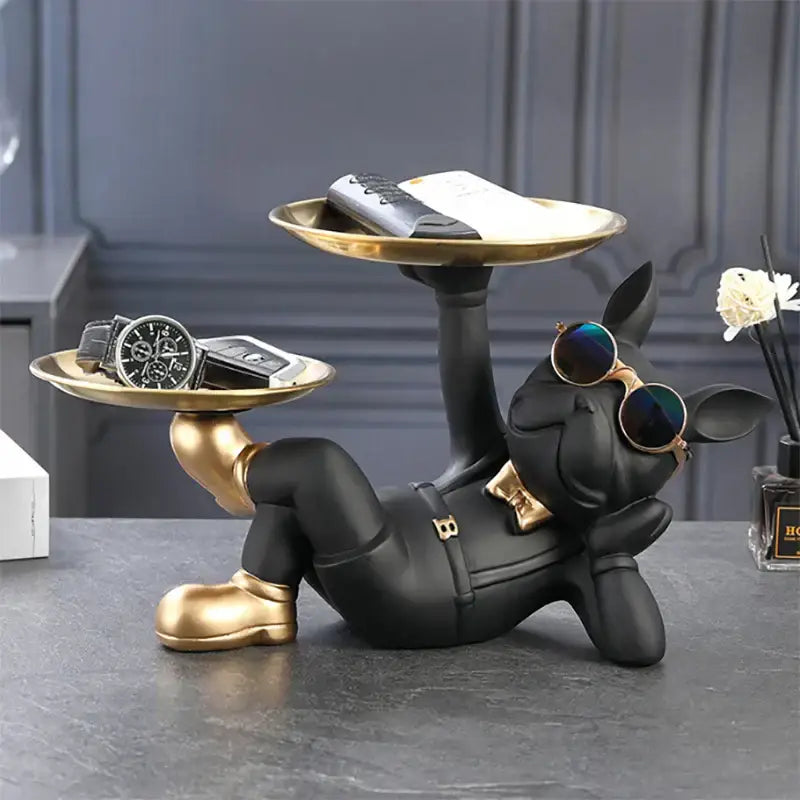 Black and gold bulldog animal figurine living room butler tray