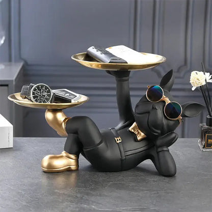 Black and gold bulldog animal figurine living room butler tray