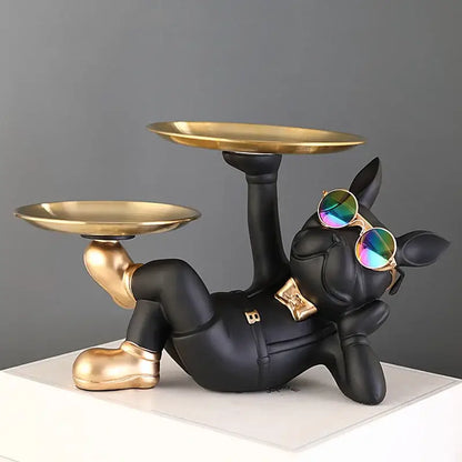 Black and gold bulldog animal figurine living room butler tray
