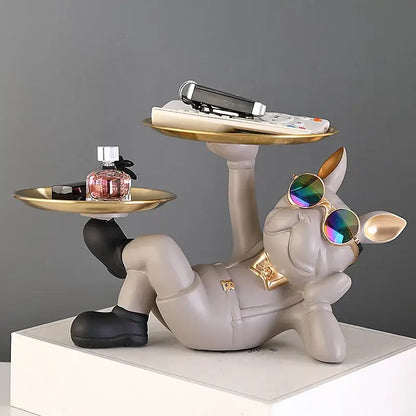 Black and gold bulldog animal figurine living room butler tray