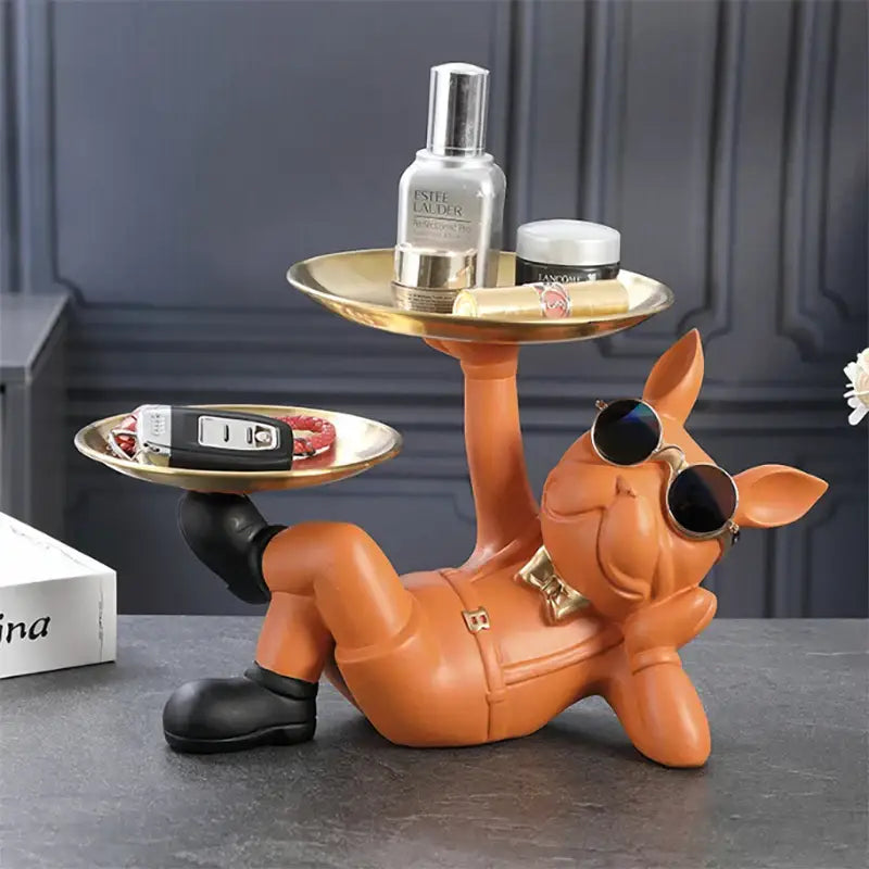 Black and gold bulldog animal figurine living room butler tray