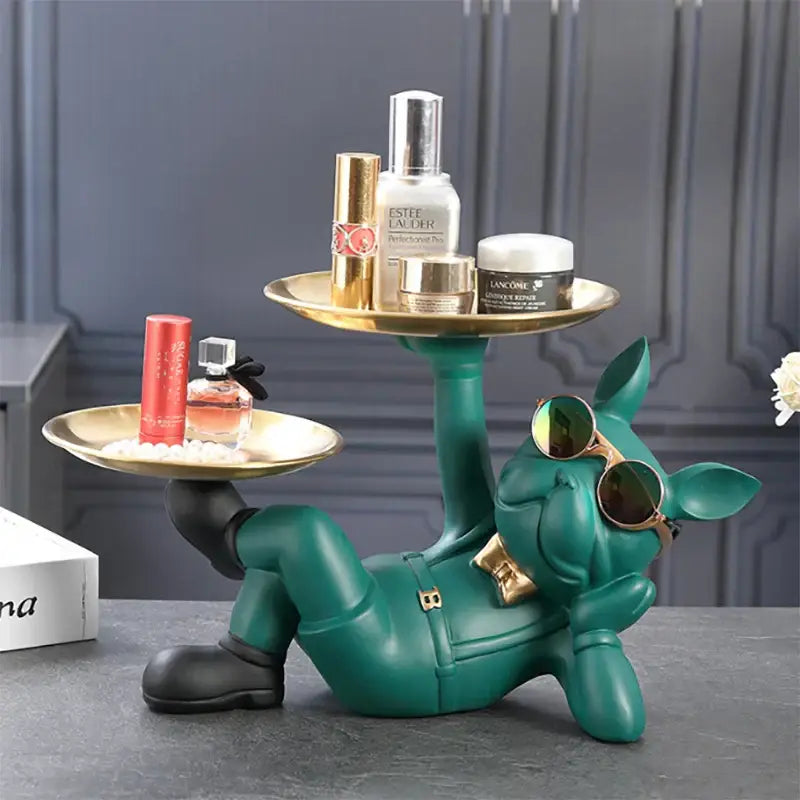 Black and gold bulldog animal figurine living room butler tray