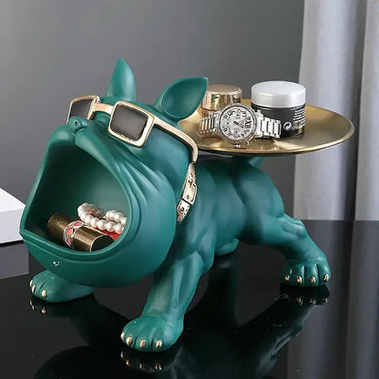 Black and gold bulldog figurine storage box living room decor tray