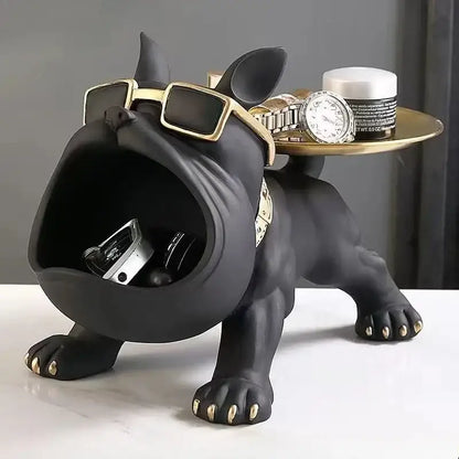 Black and gold bulldog figurine storage box living room decor tray
