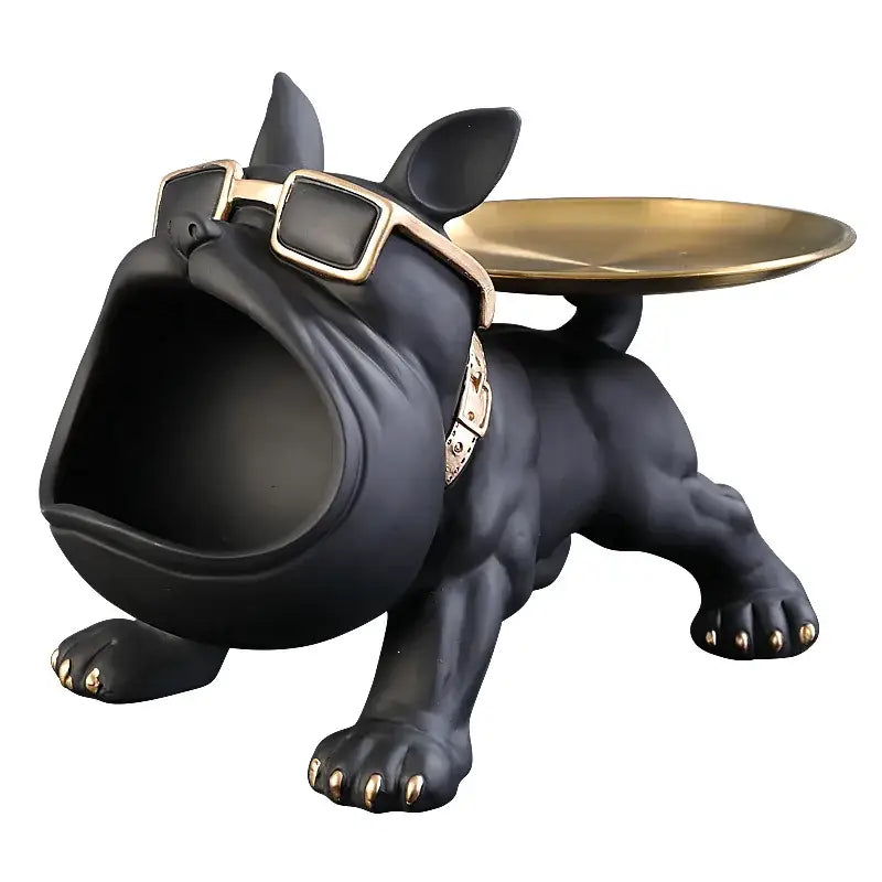 Black and gold bulldog figurine storage box living room decor tray