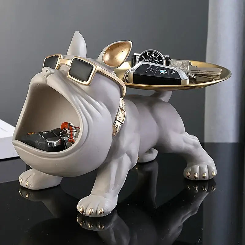 Black and gold bulldog figurine storage box living room decor tray