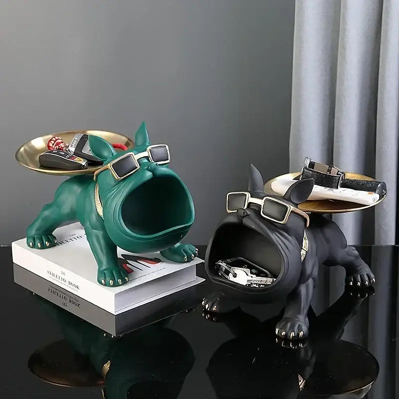 Black and gold bulldog remote control storage living room tray