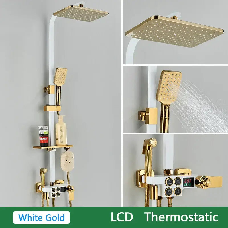 Black and gold brass lcd thermostatic shower set bathroom