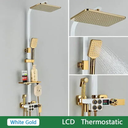 Black and gold brass lcd thermostatic shower set bathroom
