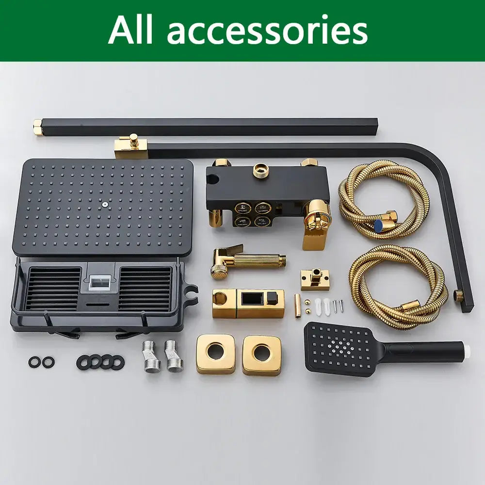 Black and gold brass lcd thermostatic shower set bathroom