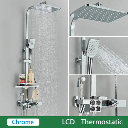 Black and gold brass lcd thermostatic shower set bathroom