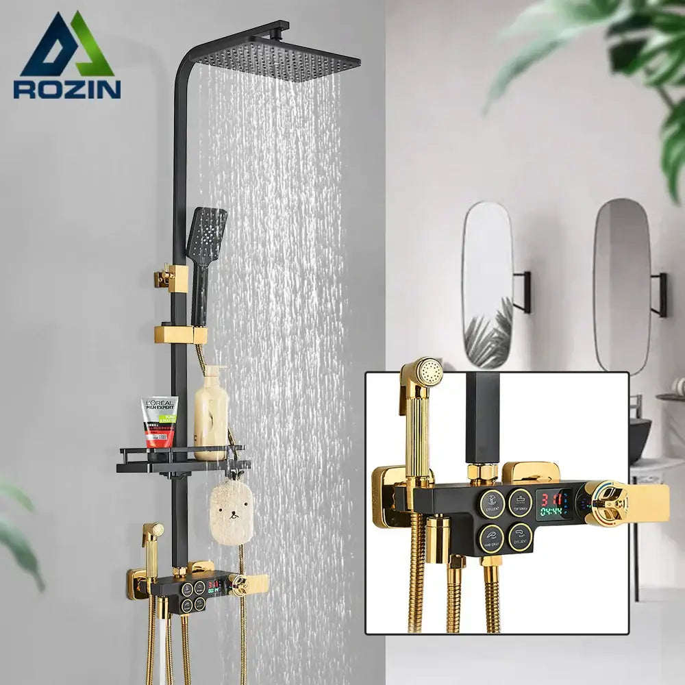Black and gold brass lcd thermostatic shower set bathroom