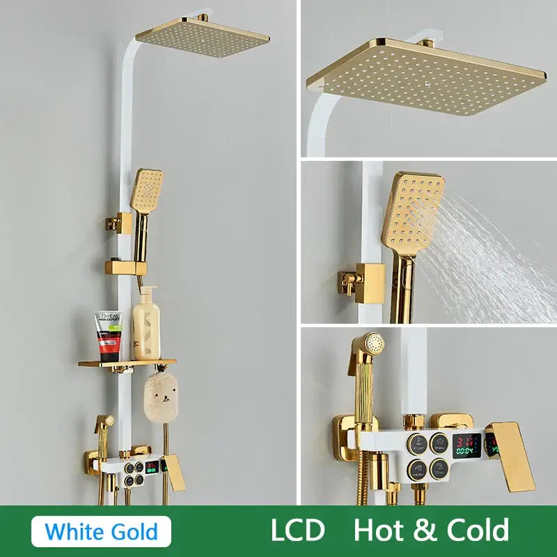 Black and gold brass lcd thermostatic shower set bathroom