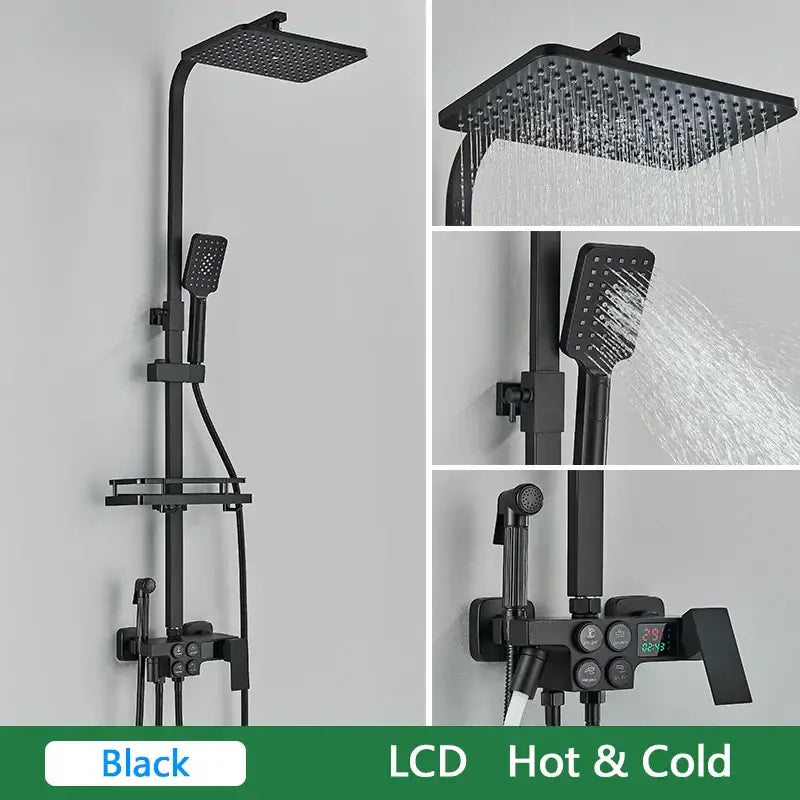 Black and gold brass lcd thermostatic shower set bathroom