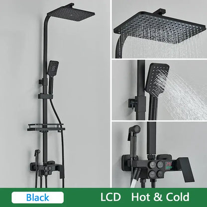 Black and gold brass lcd thermostatic shower set bathroom