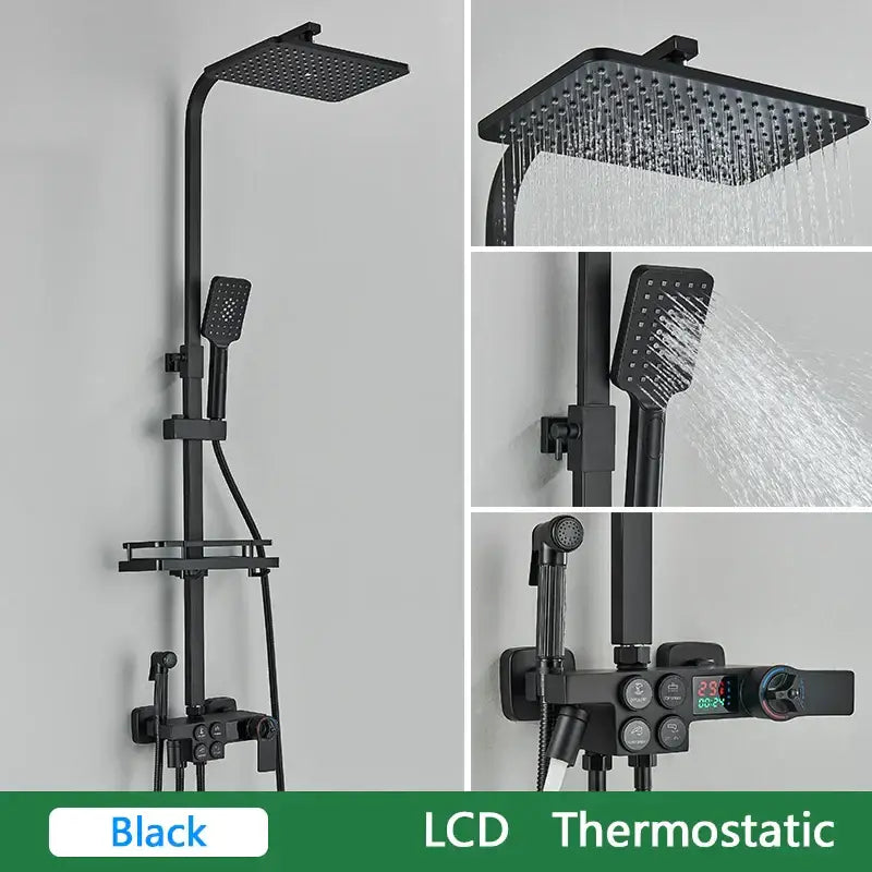 Black and gold brass lcd thermostatic shower set bathroom