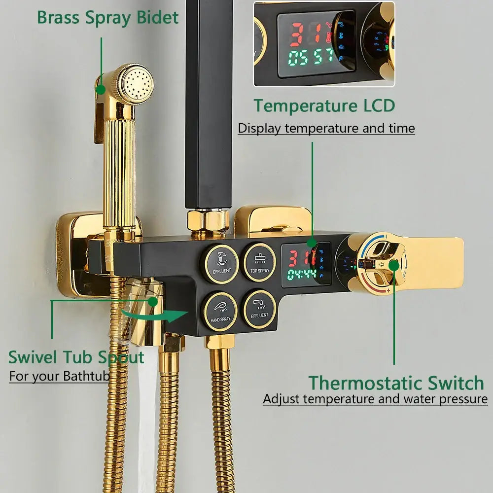 Black and gold brass lcd thermostatic shower set bathroom