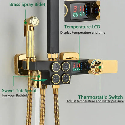 Black and gold brass lcd thermostatic shower set bathroom