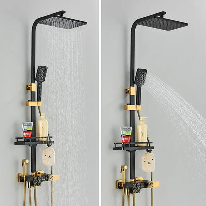 Black and gold brass lcd thermostatic shower set bathroom