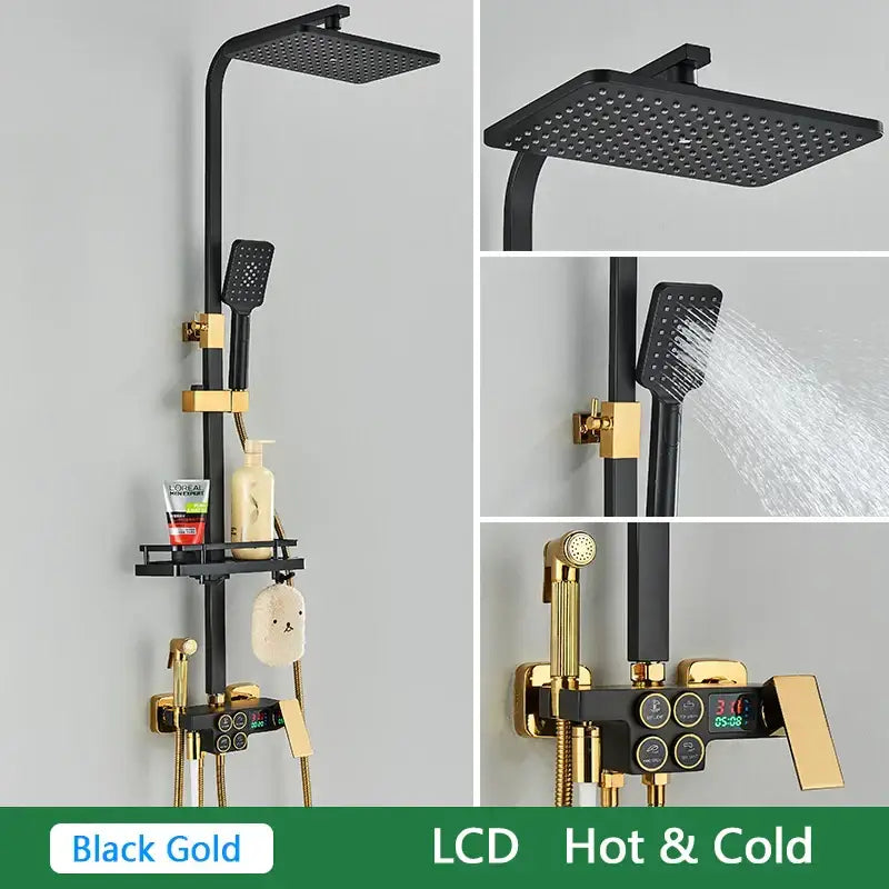 Black and gold brass lcd thermostatic shower set bathroom