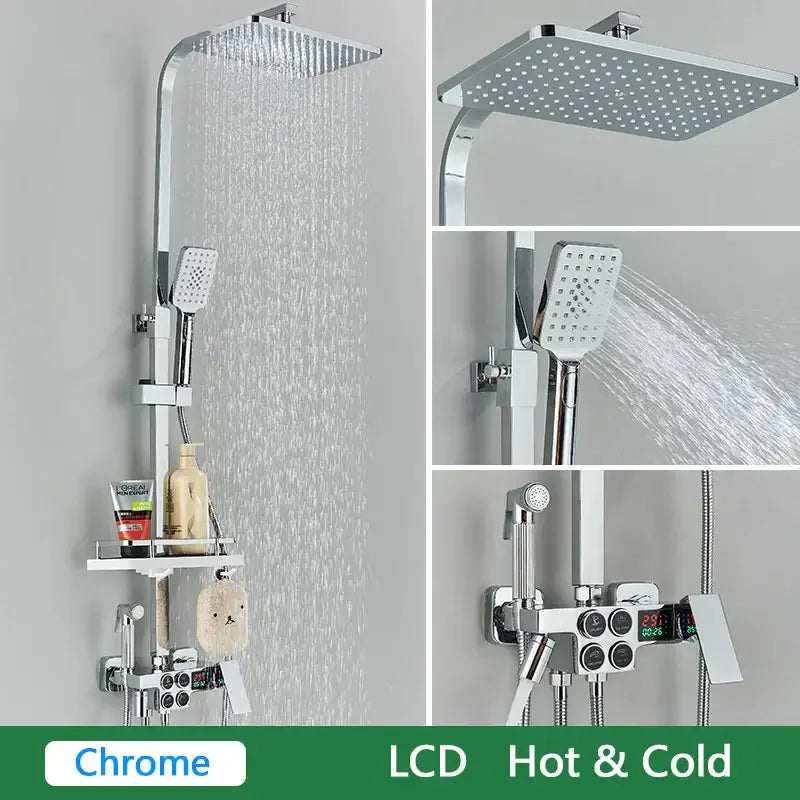 Black and gold brass lcd thermostatic shower set bathroom