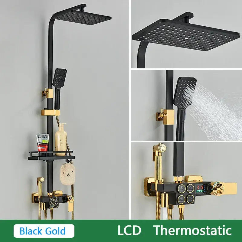 Black and gold brass lcd thermostatic shower set bathroom