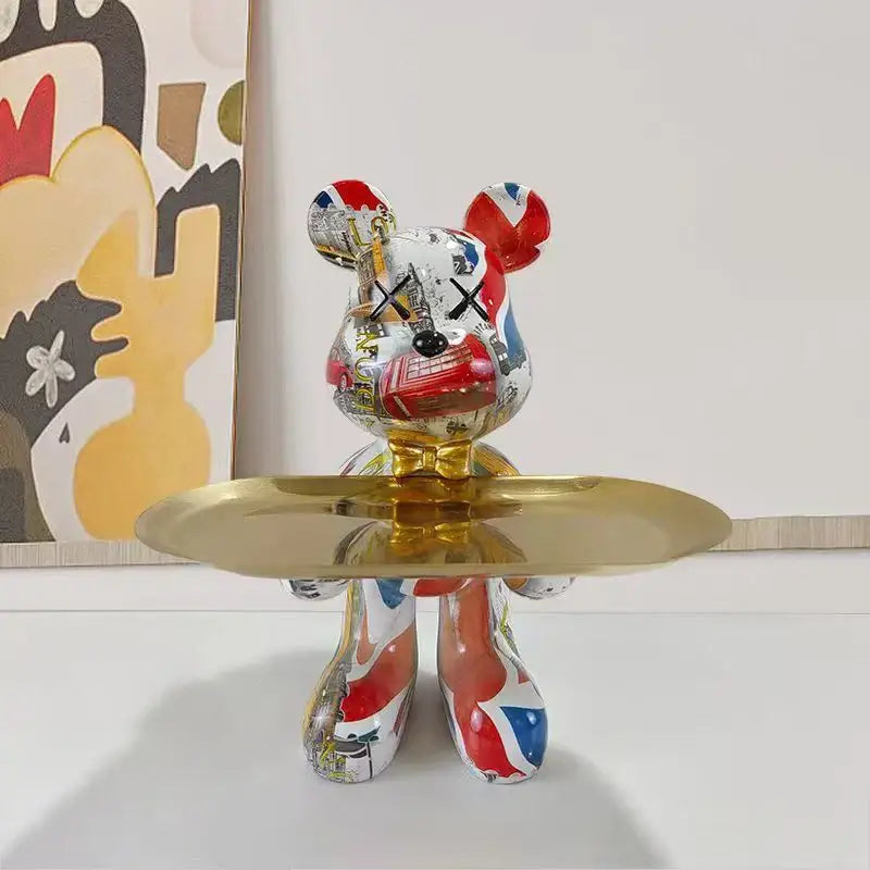 Black and gold graffiti bear figurine living room decor with tray