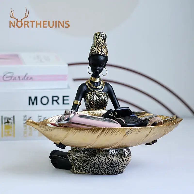 Black and gold resin black woman figurine with living room tray