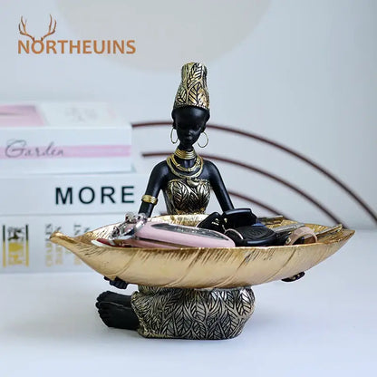 Black and gold resin black woman figurine with living room tray