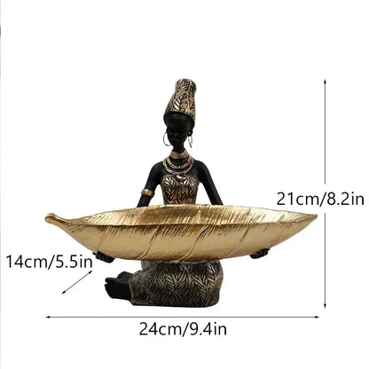 Black and gold resin black woman figurine with living room tray