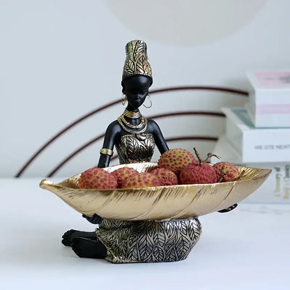 Black and gold resin black woman figurine with living room tray