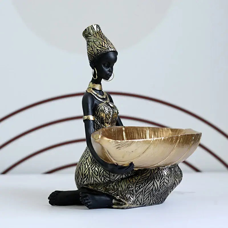 Black and gold resin black woman figurine with living room tray