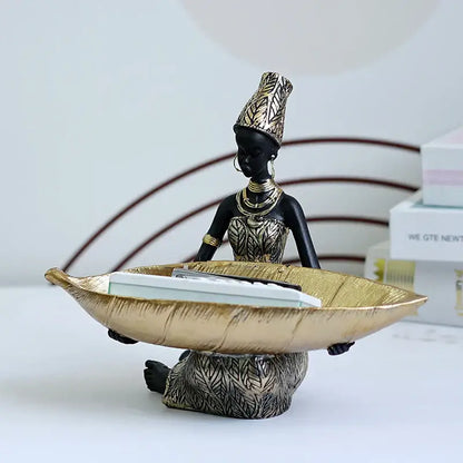 Black and gold resin black woman figurine with living room tray