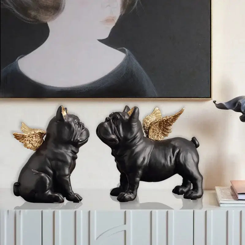 Black and gold winged french bulldog dog sculpture living room decor
