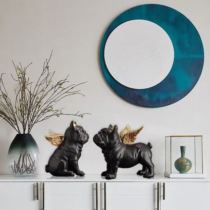 Black and gold winged french bulldog dog sculpture living room decor