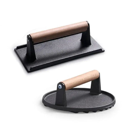 Black and light brown cast iron burger press kitchen meat tool