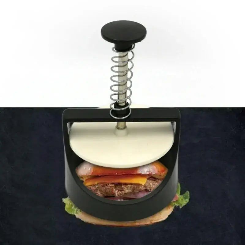 Black and white burger press kitchen meat maker with spring handle