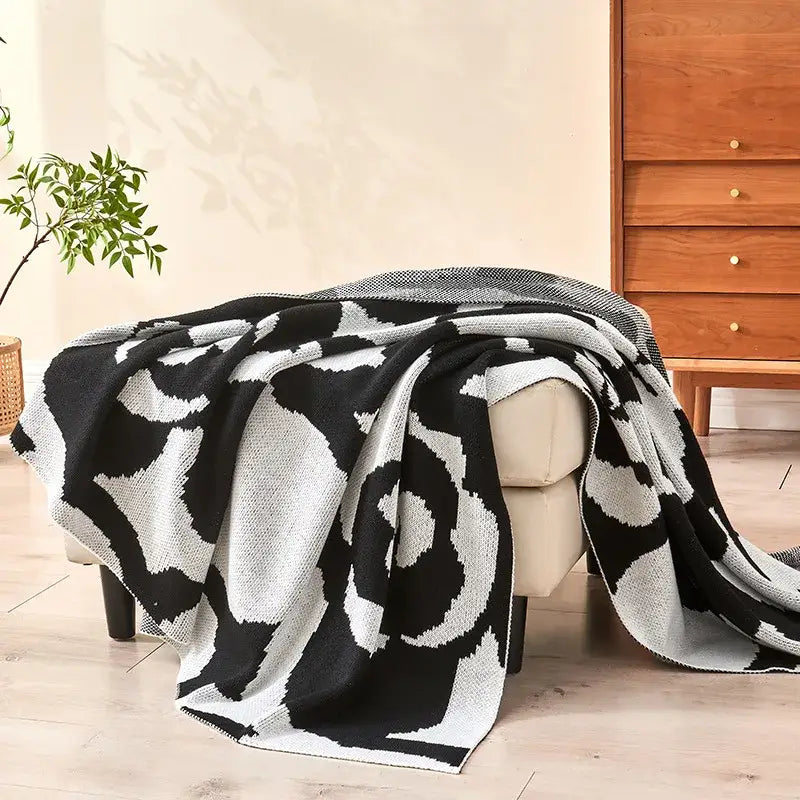 Black and white camellia knitted blanket living room rose throw quilt