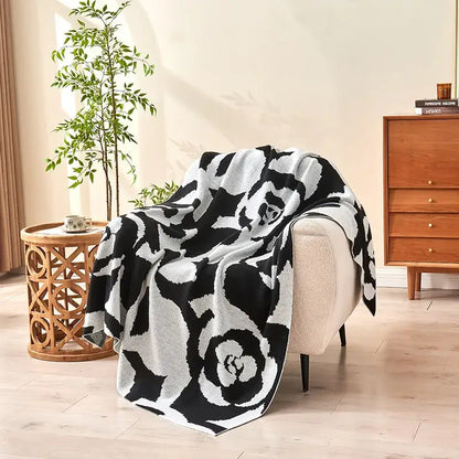 Black and white camellia knitted blanket living room rose throw quilt