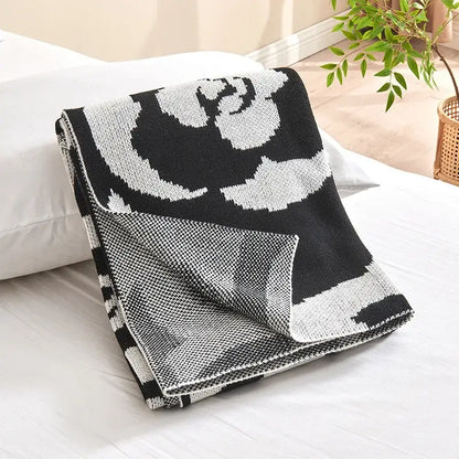 Black and white camellia knitted blanket living room rose throw quilt
