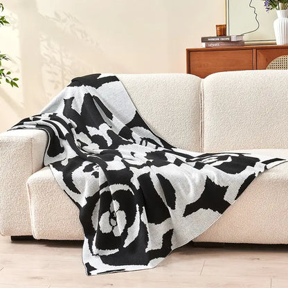 Black and white camellia knitted blanket living room rose throw quilt
