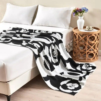 Black and white camellia knitted blanket living room rose throw quilt