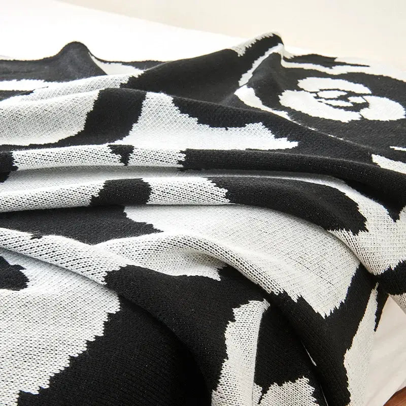 Black and white camellia knitted blanket living room rose throw quilt