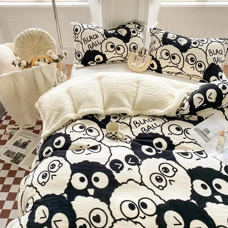 Black and white cartoon print cozy blanket bedroom sheep duvet set