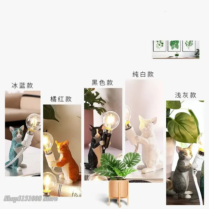 Black and white cat resin table lamp bedroom decor
