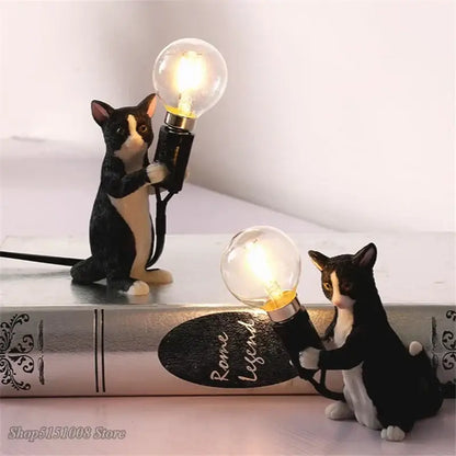 Black and white cat resin table lamp bedroom decor