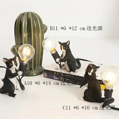 Black and white cat resin table lamp bedroom decor
